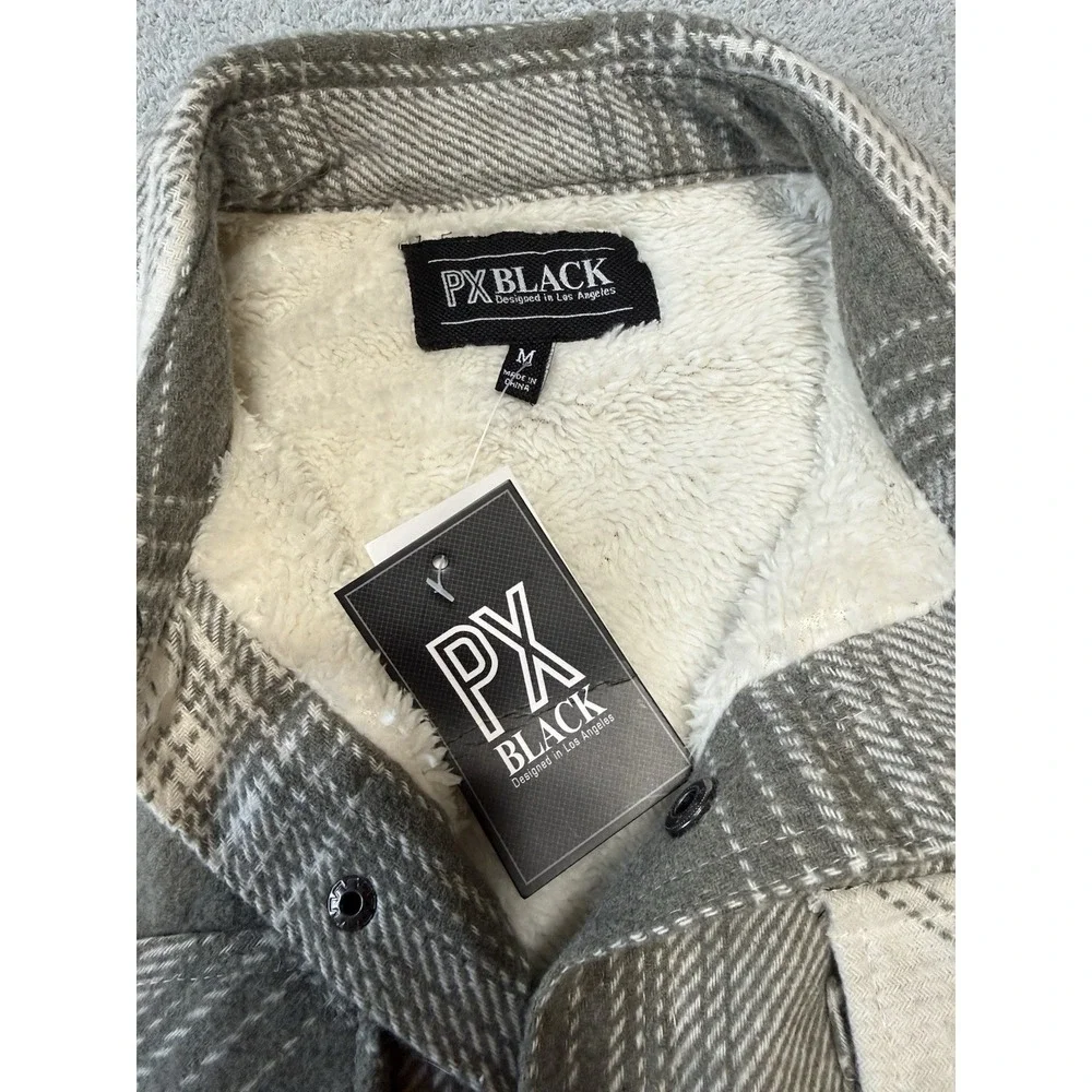 NWT - PX BLACK Sherpa Lined Flannel Shacket Plaid Gray/Green And White  Size‎ M
